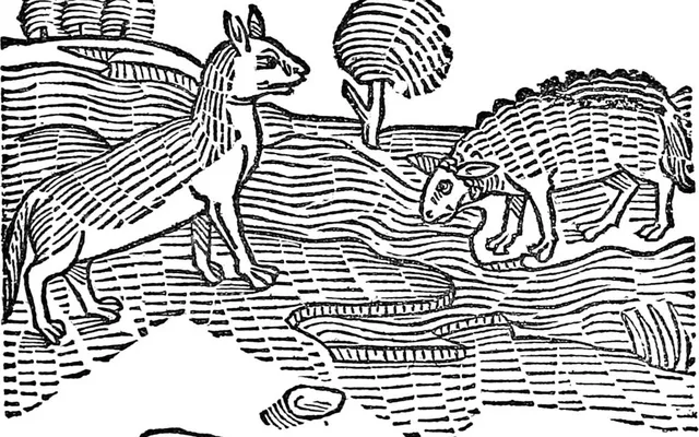 Woodcut of the wolf and the lamb from Aesop’s Fables, printed by William Caxton in 1484