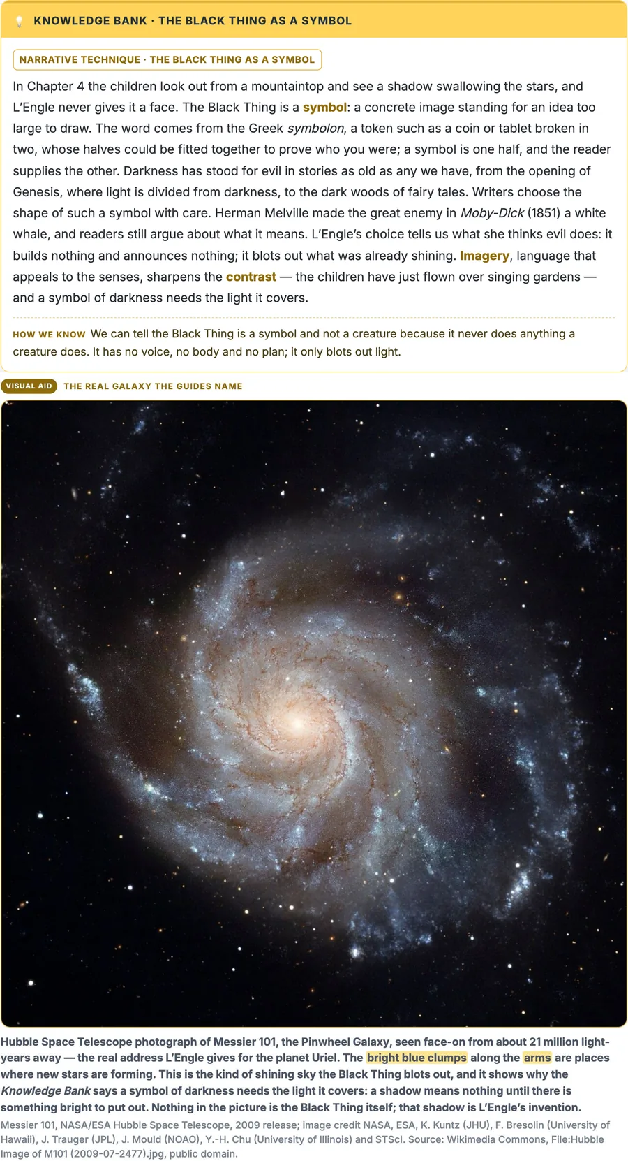 A Knowledge Bank from A Wrinkle in Time Part 2 with its Visual Aid photograph, captions in English, Korean and Chinese and a source line