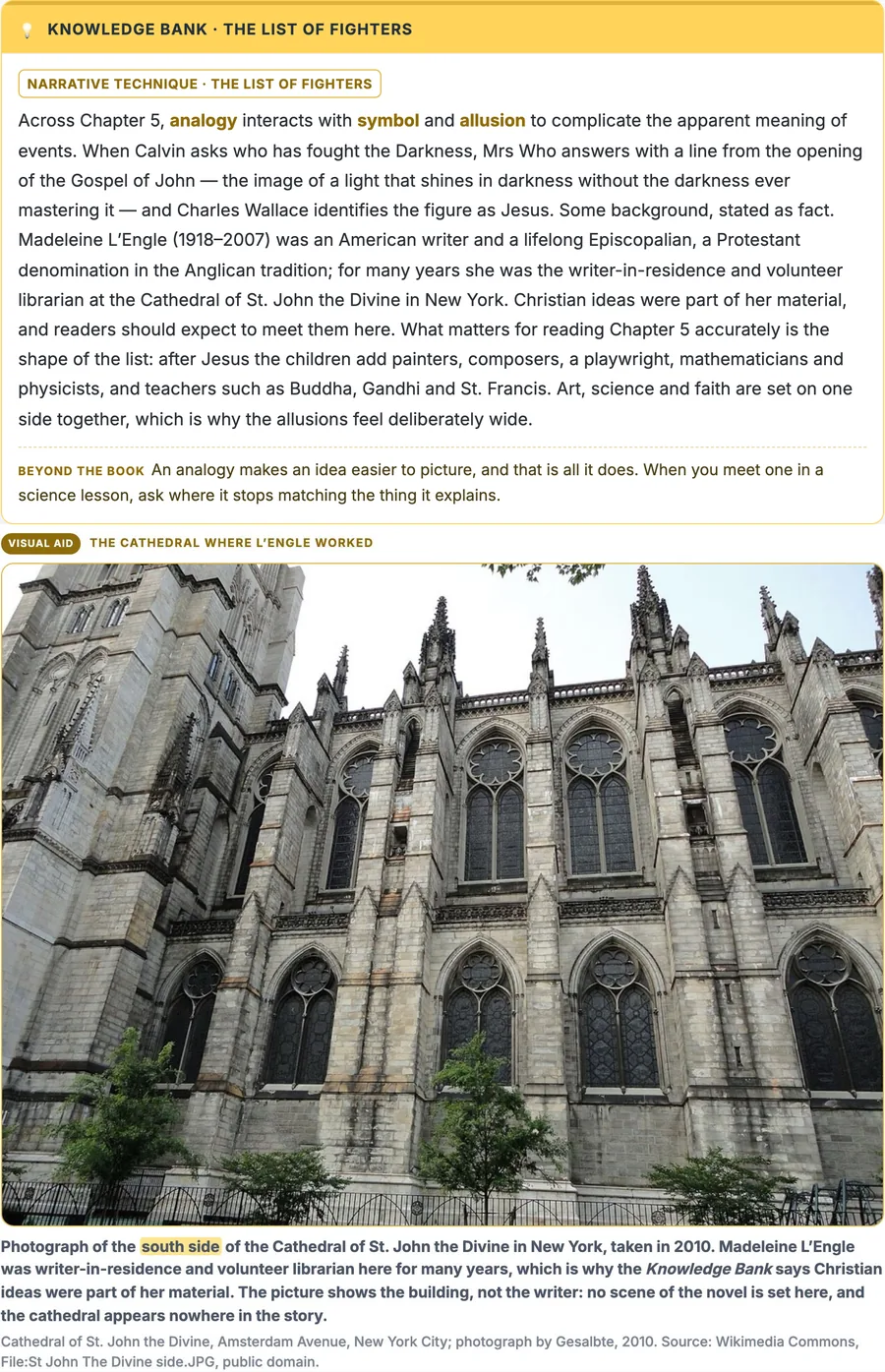 A Knowledge Bank from A Wrinkle in Time Part 3 with its Visual Aid photograph, captions in English, Korean and Chinese and a source line
