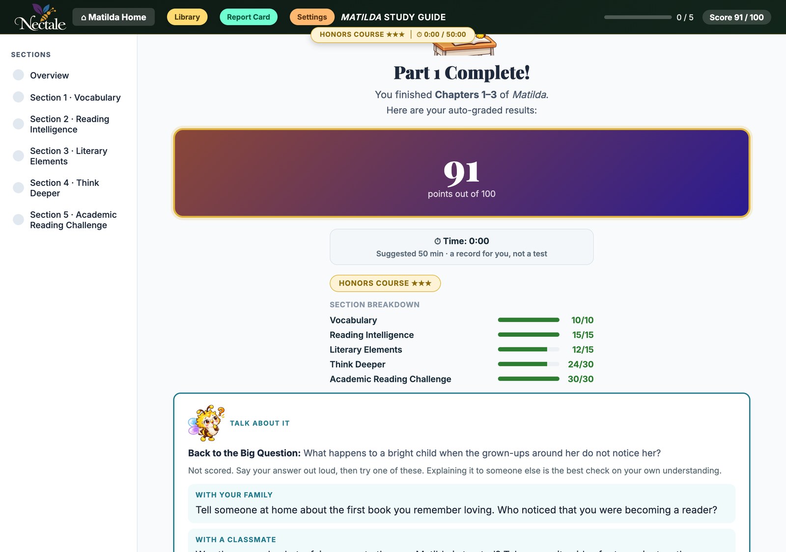 Part results screen with the score, time and a section-by-section breakdown