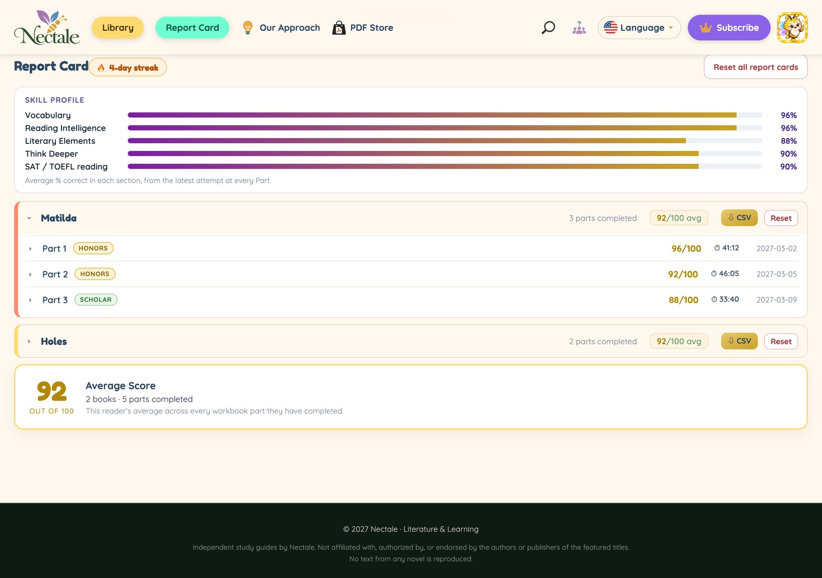 Report Card with reading streak, skill profile and per-part course and time