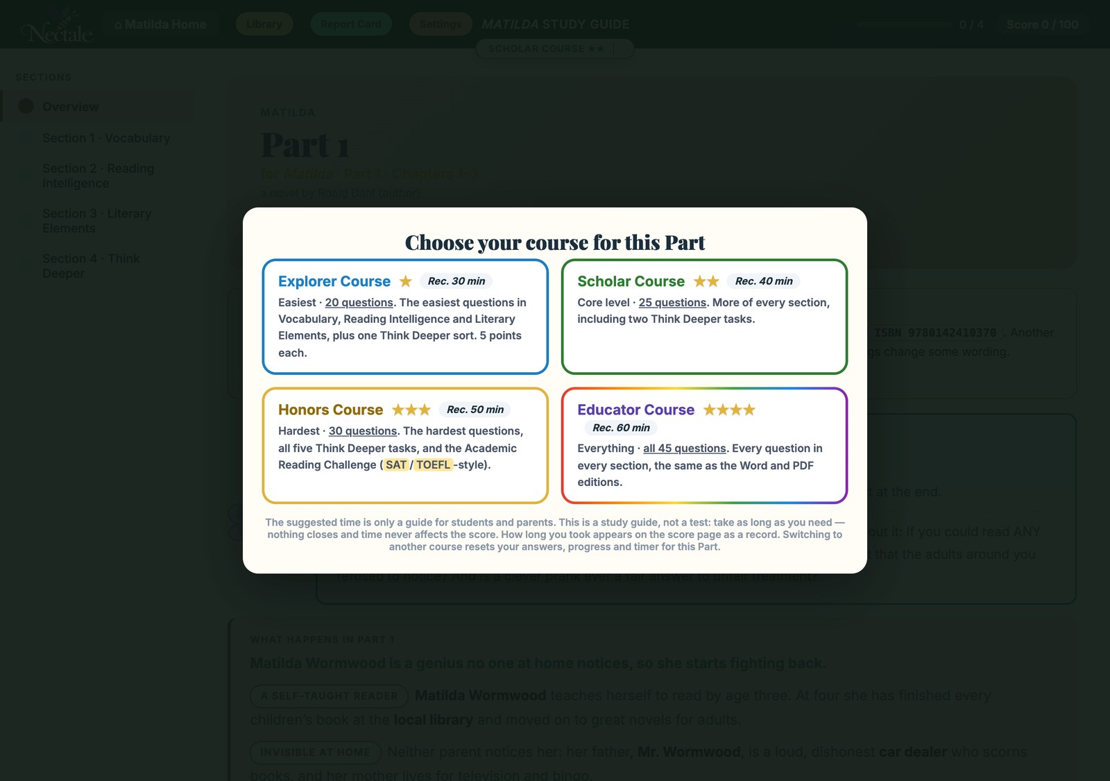 The Explorer, Scholar, Honors and Educator course chooser that opens with every part